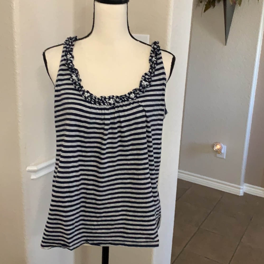 For The Republic navy & gray striped small ruffle tank top Size M